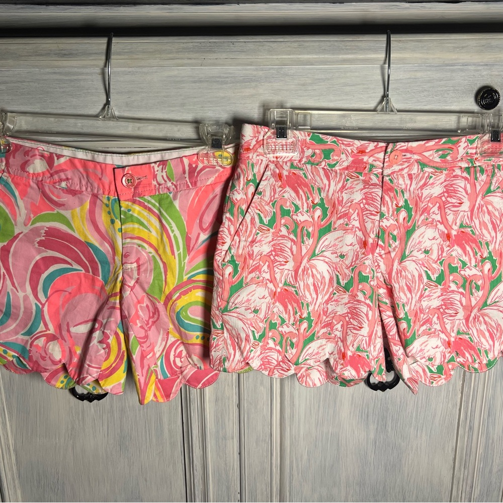 Lot Of 2 Lilly Pulitzer Buttercup Scalloped Shorts Preppy Resort Wear Flamingo